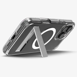 Spigen iPhone 16 Pro Ultra Hybrid S MagFit case in Crystal Clear - horizontal kickstand viewing position