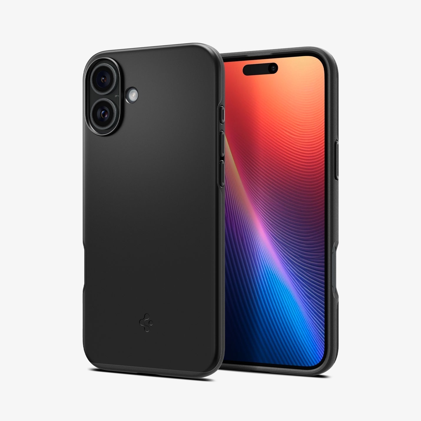 Spigen iPhone 16 Thin Fit MagFit case in Black - front and rear angled views