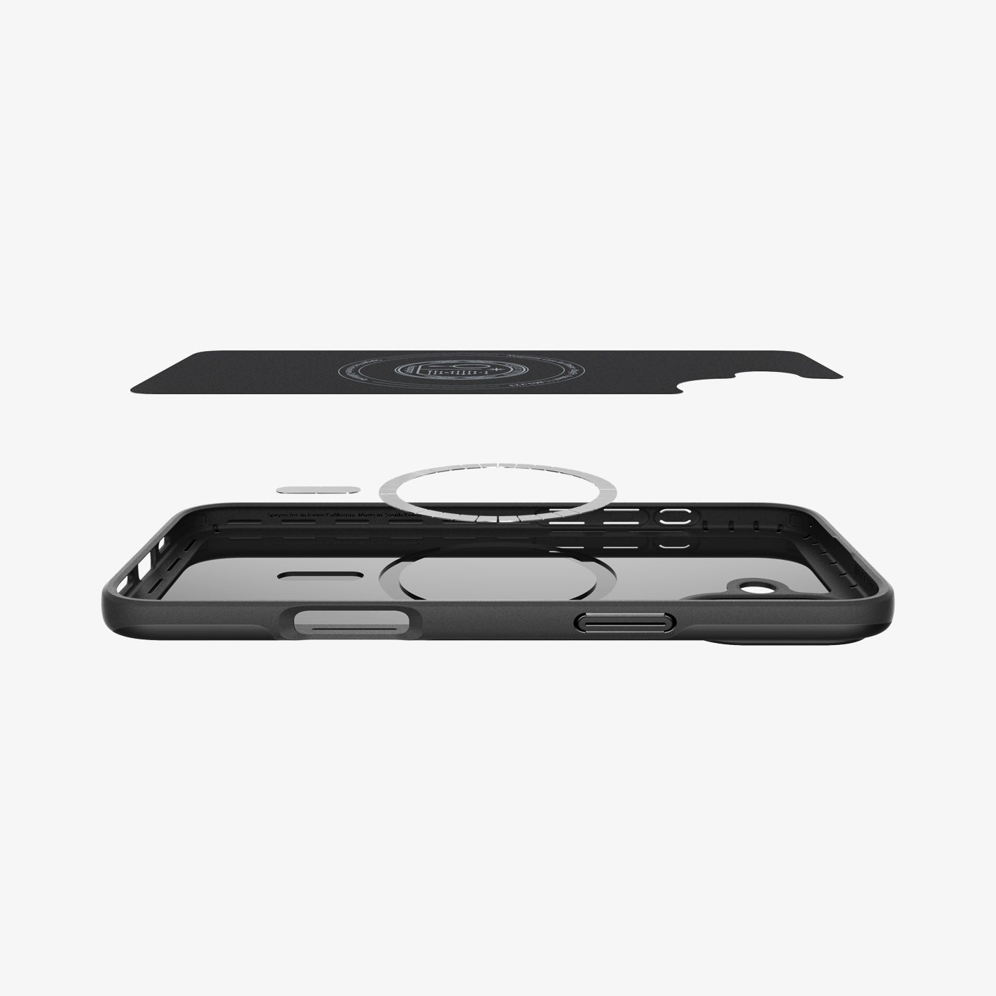 Spigen iPhone 16 Thin Fit MagFit case in Black - magnetic ring and inner liner detail