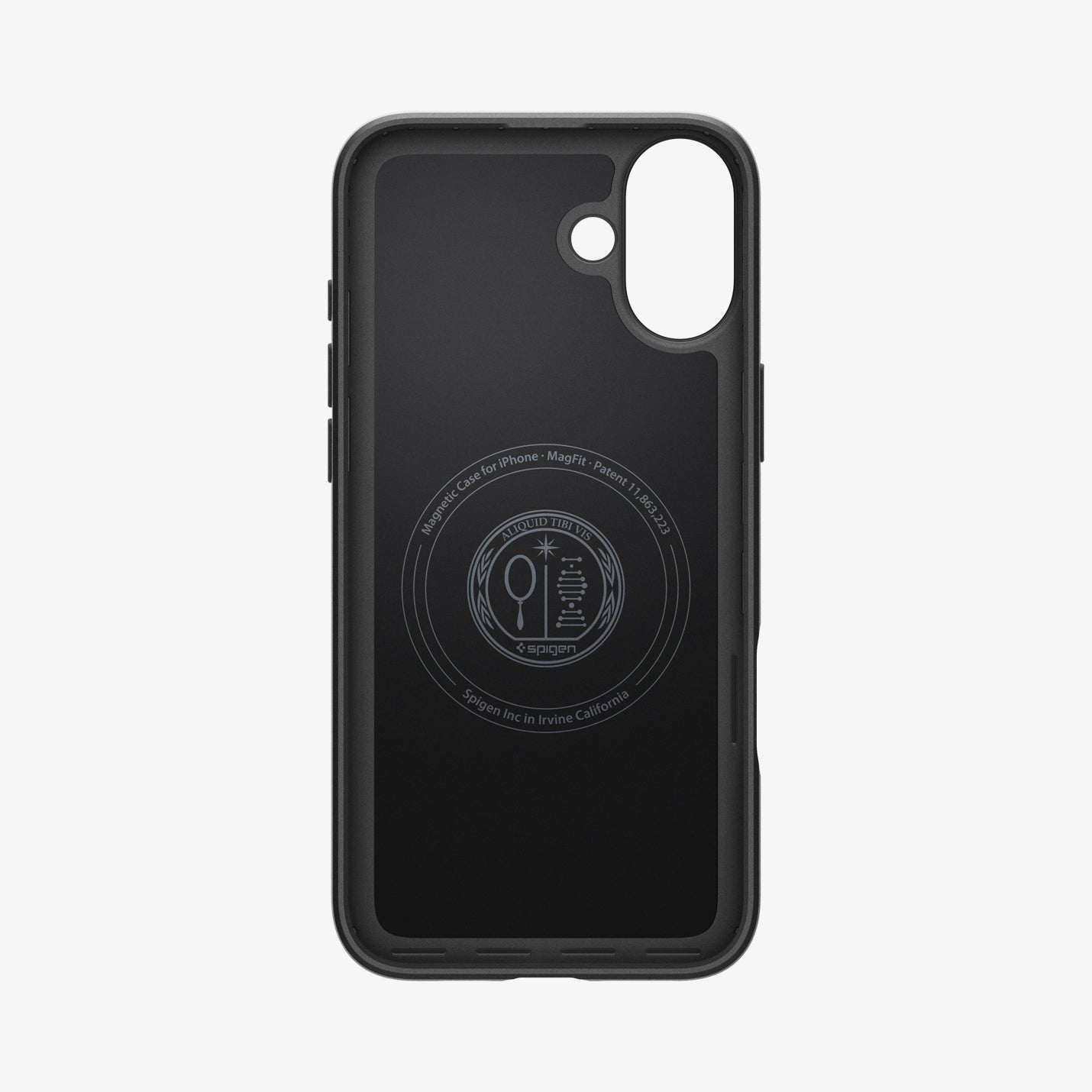 Spigen iPhone 16 Plus Thin Fit MagFit case in Black - interior magnetic pattern and camera cutout