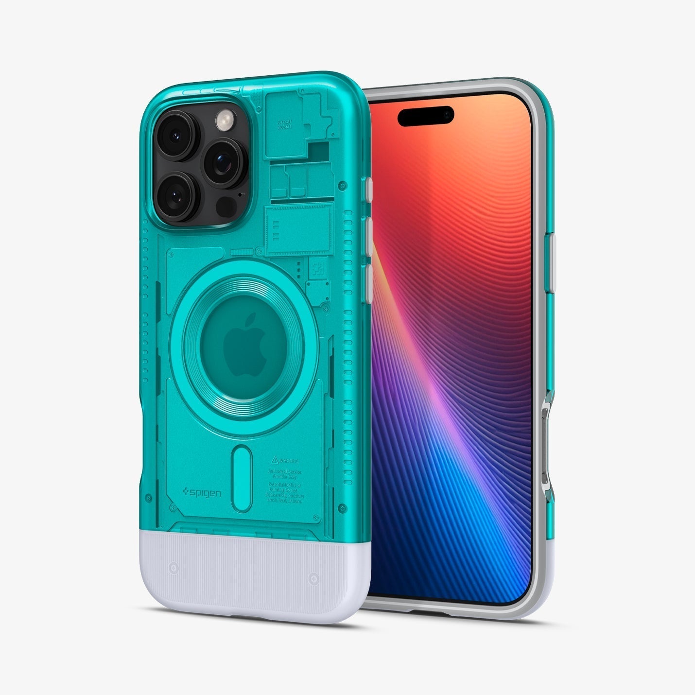 Spigen iPhone 16 Pro Classic C1 MagFit case in Bondi Blue - front and rear view with phone