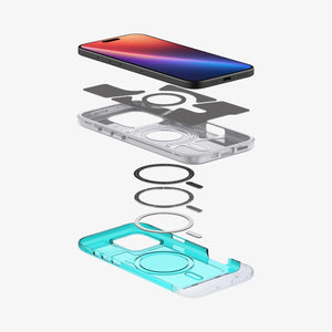 Spigen iPhone 16 Pro Classic C1 MagFit case in Bondi Blue - exploded magnetic construction