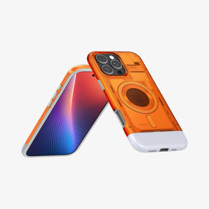 Spigen iPhone 16 Pro Classic C1 MagFit case in Tangerine - angled stand-style product view