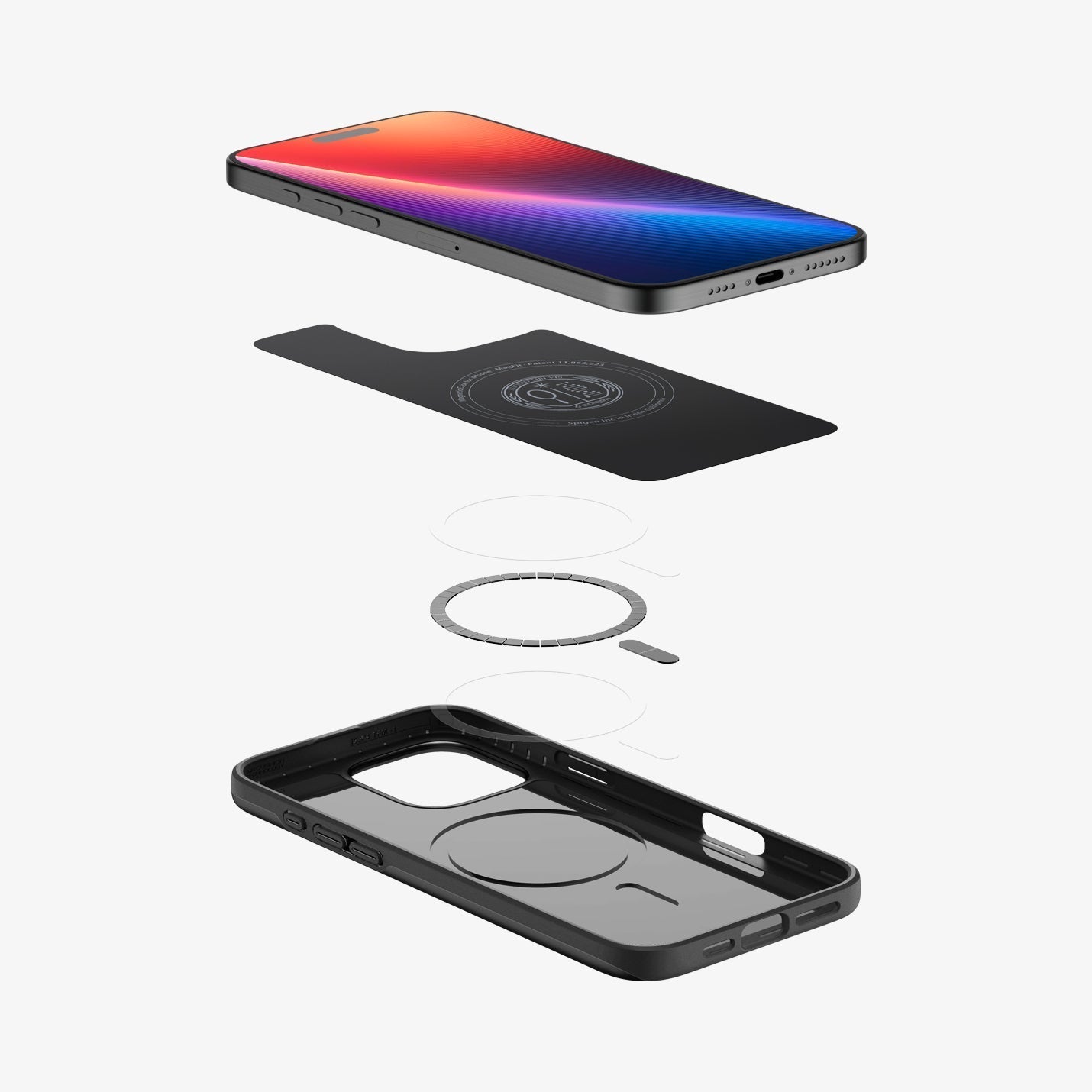 Spigen iPhone 16 Pro Thin Fit MagFit case in Black - exploded view of magnetic layer construction