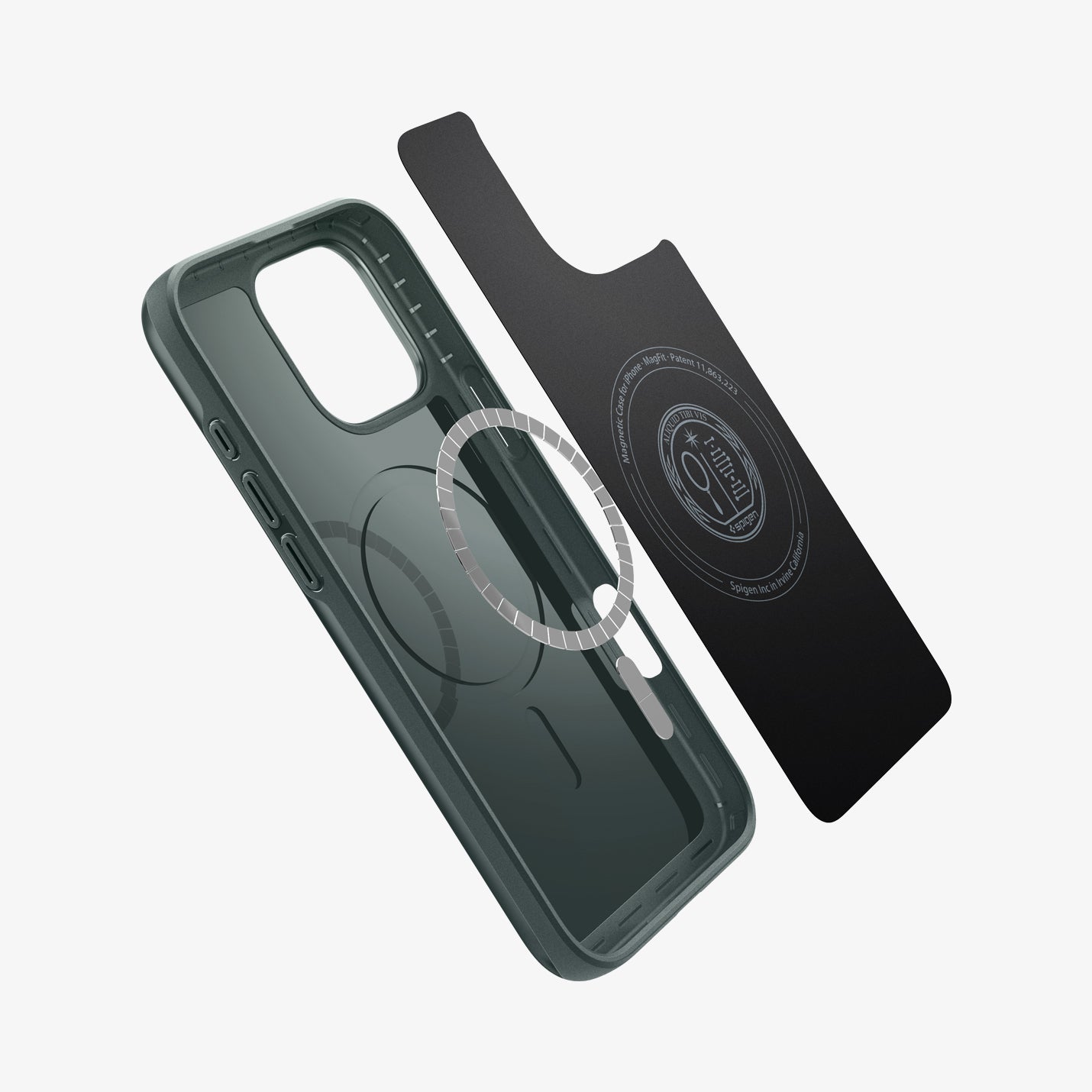 Spigen iPhone 16 Pro Thin Fit MagFit case in Abyss Green - internal magnetic ring and liner components