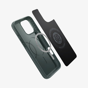 Spigen iPhone 16 Pro Thin Fit MagFit case in Abyss Green - internal magnetic ring and liner components