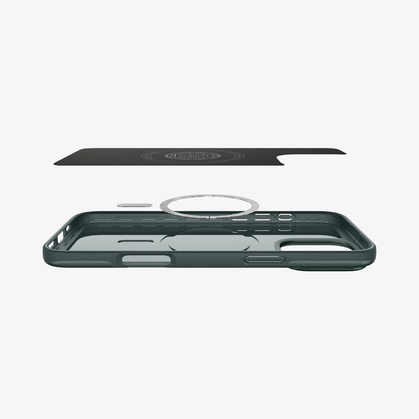 Spigen iPhone 16 Pro Thin Fit MagFit case in Abyss Green - magnetic ring and inner liner detail