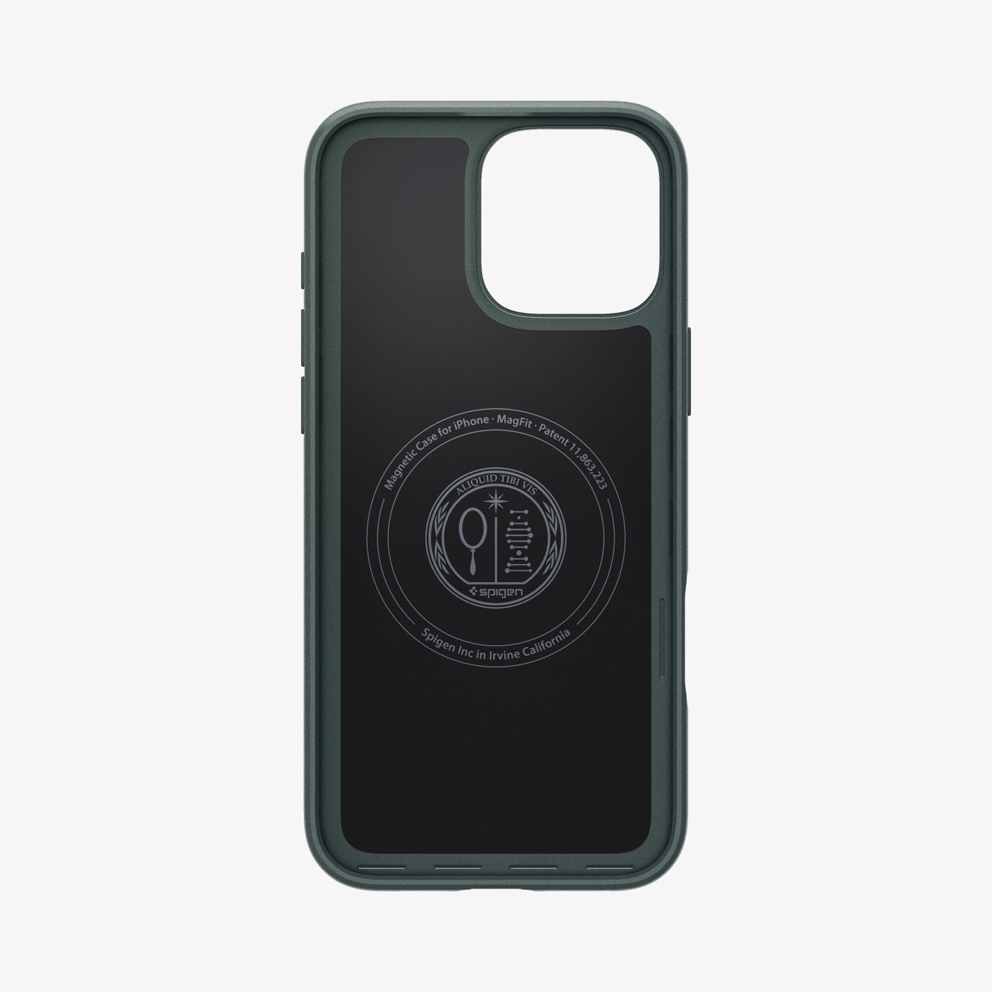 Spigen iPhone 16 Pro Thin Fit MagFit case in Abyss Green - interior magnetic pattern and camera cutout