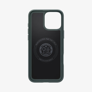 Spigen iPhone 16 Pro Thin Fit MagFit case in Abyss Green - interior magnetic pattern and camera cutout