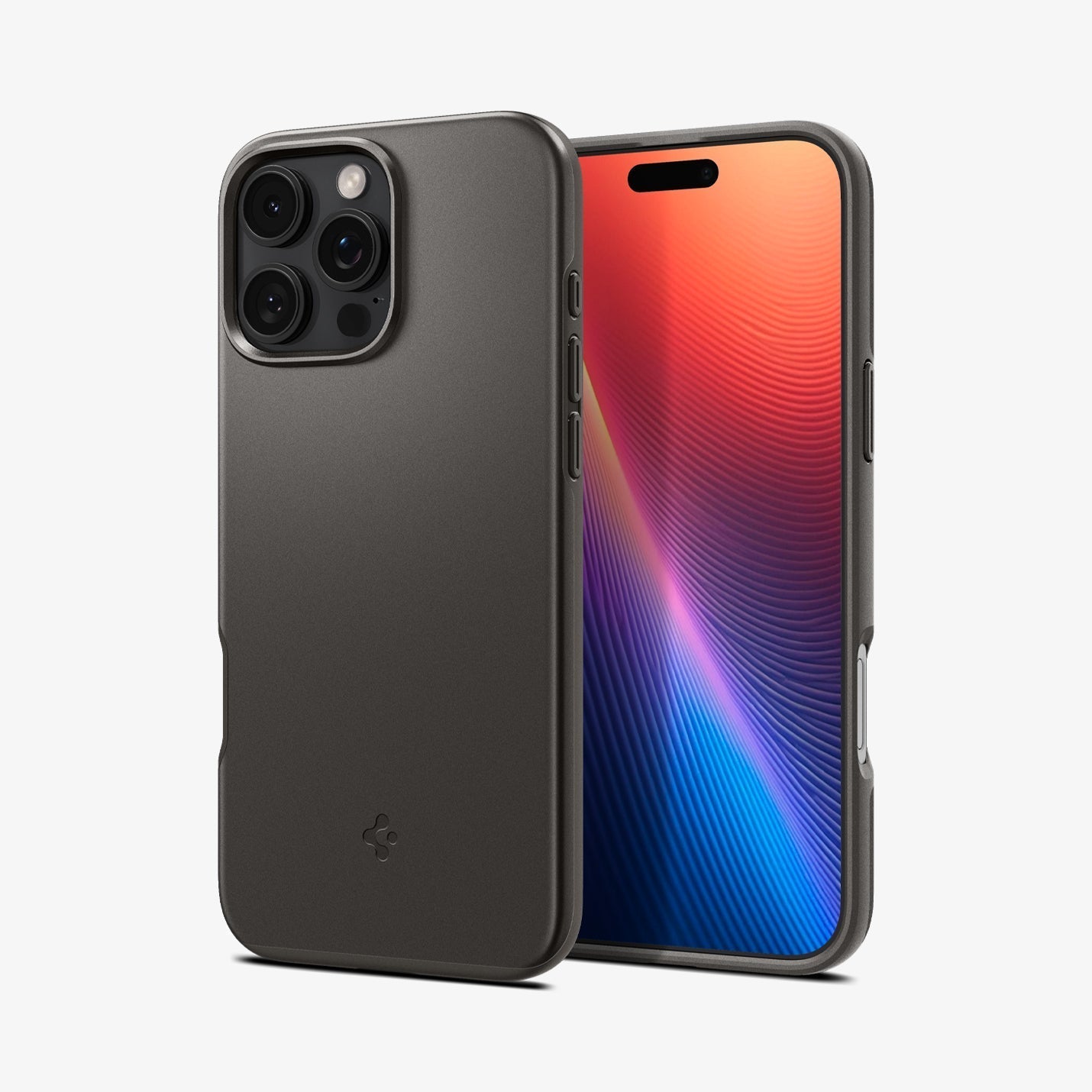 Spigen iPhone 16 Pro Thin Fit MagFit case in Gunmetal - front and rear angled views
