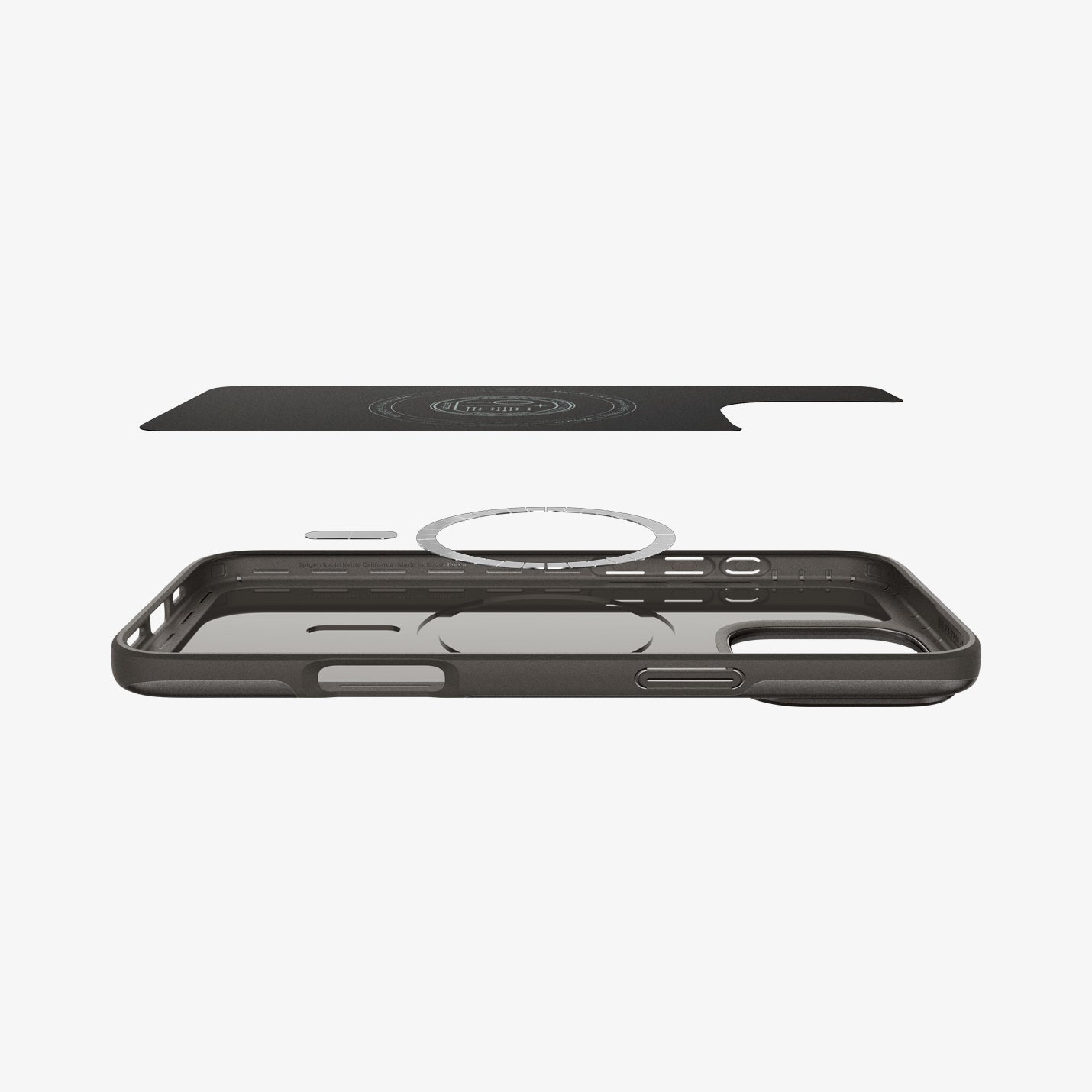 Spigen iPhone 16 Pro Thin Fit MagFit case in Gunmetal - magnetic ring and inner liner detail