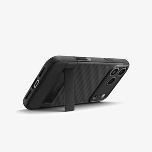Spigen iPhone 17 Pro Parallax S MagFit case in Matte Black - landscape kickstand view