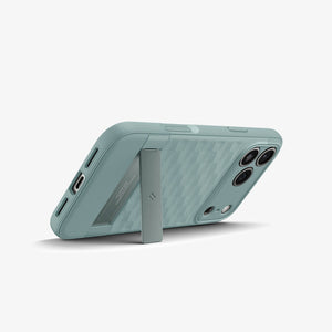 Spigen iPhone 17 Pro Parallax S MagFit case in Sage Green - landscape kickstand view