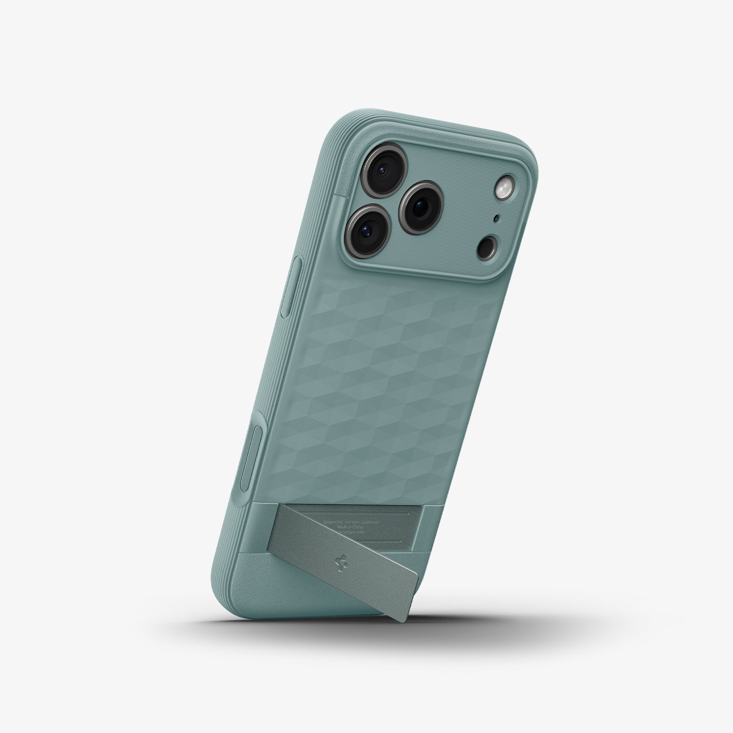 Spigen iPhone 17 Pro Parallax S MagFit case in Sage Green - portrait kickstand view