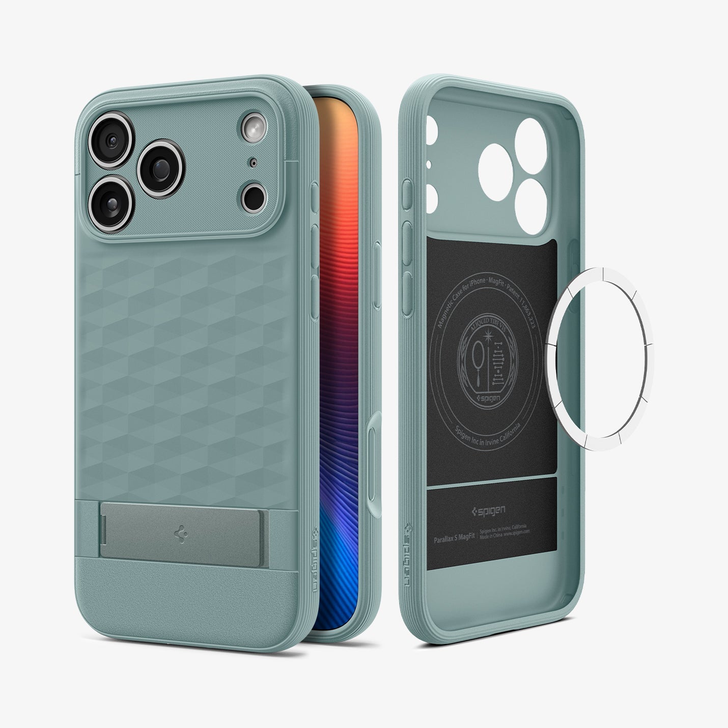 Spigen iPhone 17 Pro Parallax S MagFit case in Sage Green - back and inner magnetic ring layer