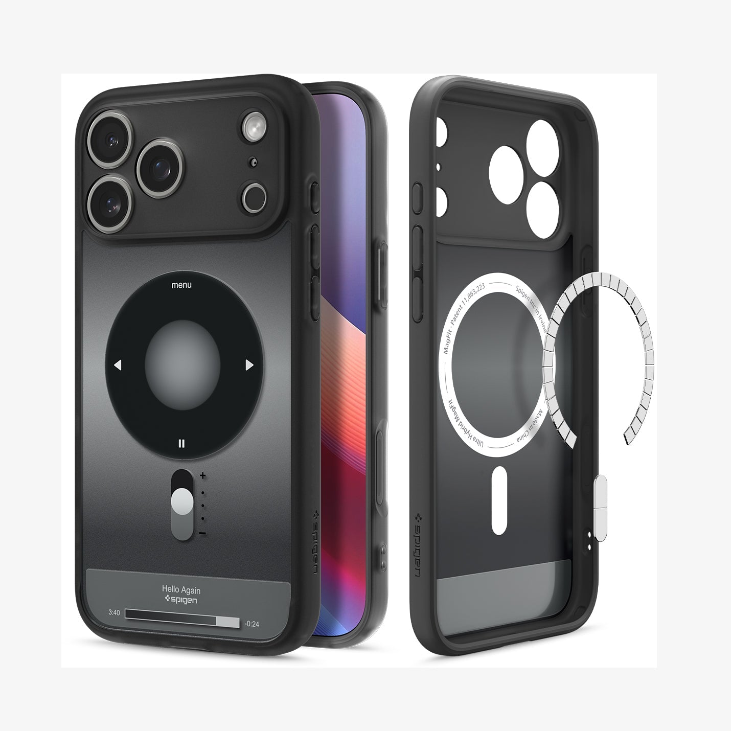 Spigen iPhone 17 Pro Max Case – Ultra Hybrid Classic (MagFit) - Classic Black - back, partial front and inner case with detached magnetic ring