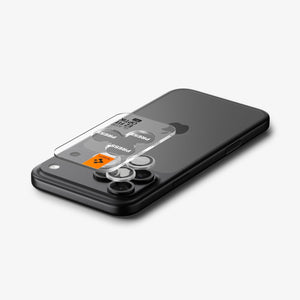 Spigen iPhone 17 Pro Max / 17 Pro Lens Protector – Optik Pro EZ Fit - Silver - alignment tray positioned above the camera lenses