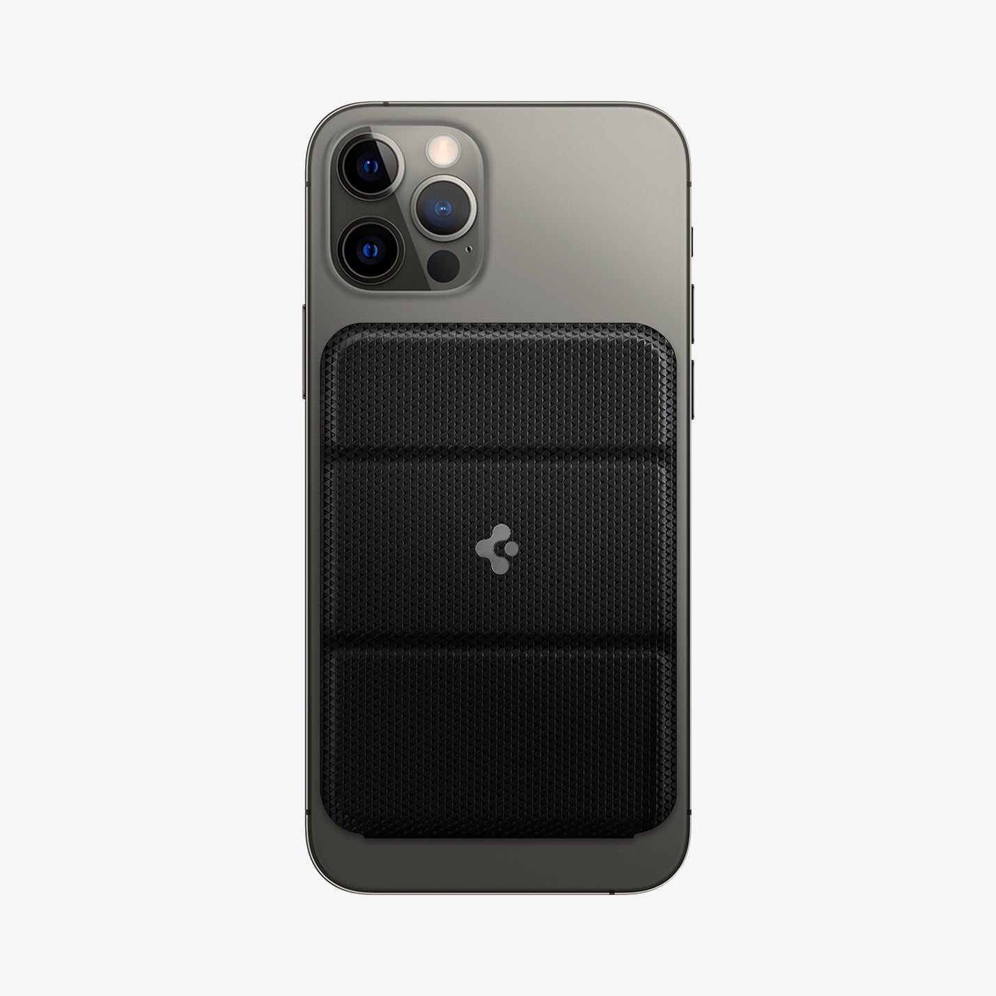 AMP02835 - Universal Card Holder Smart Fold in gunmetal showing the front attached to the back of a device