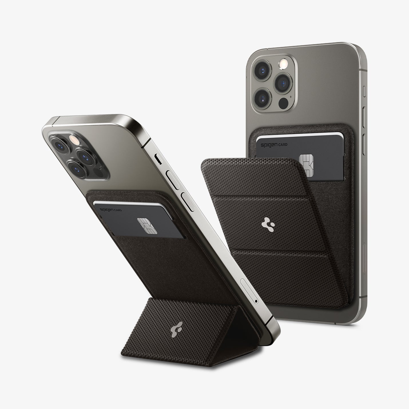 AMP02835 - Universal Card Holder Smart Fold in gunmetal showing the front attached to the back of a device