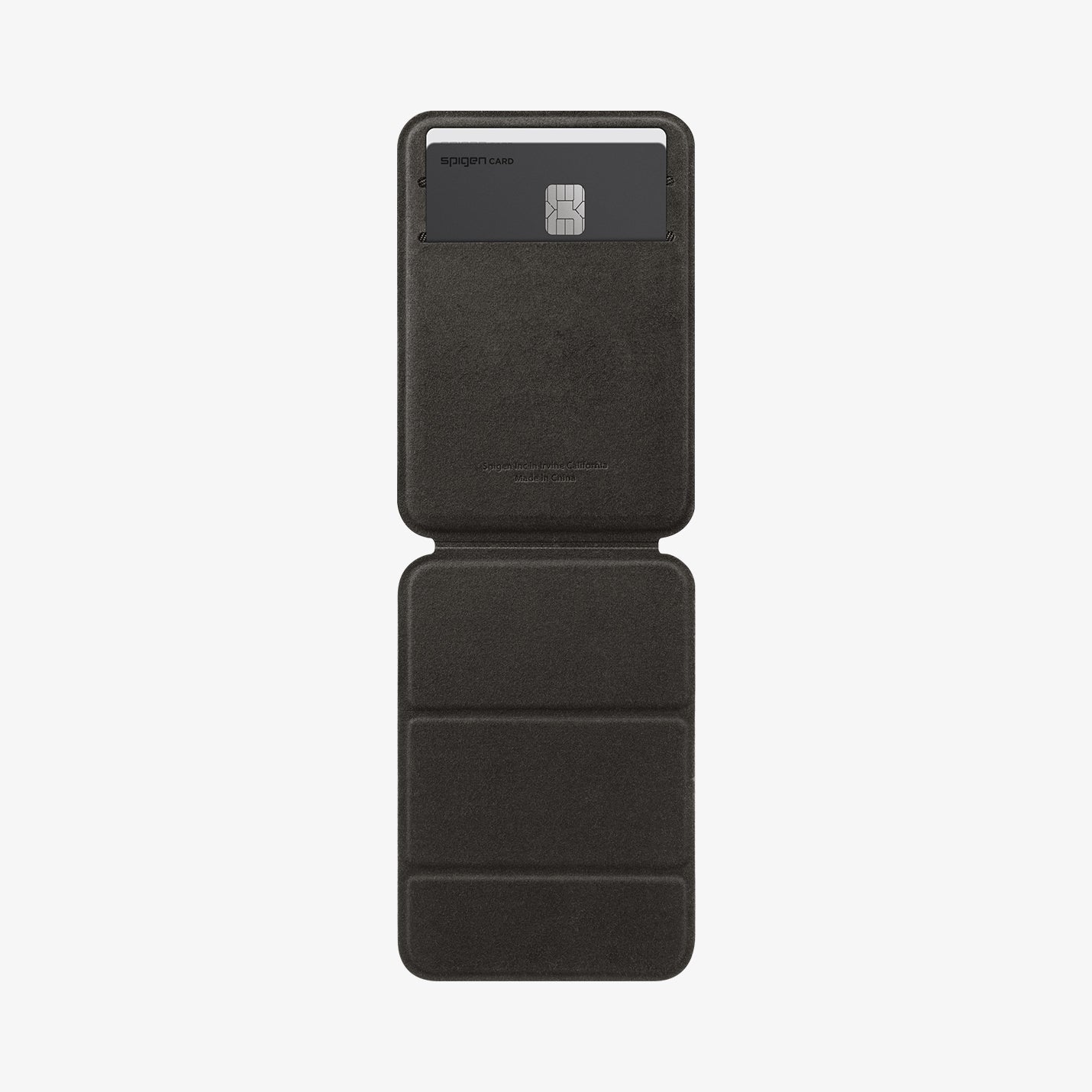 AMP02835 - Universal Card Holder Smart Fold in gunmetal showing the front attached to the back of a device