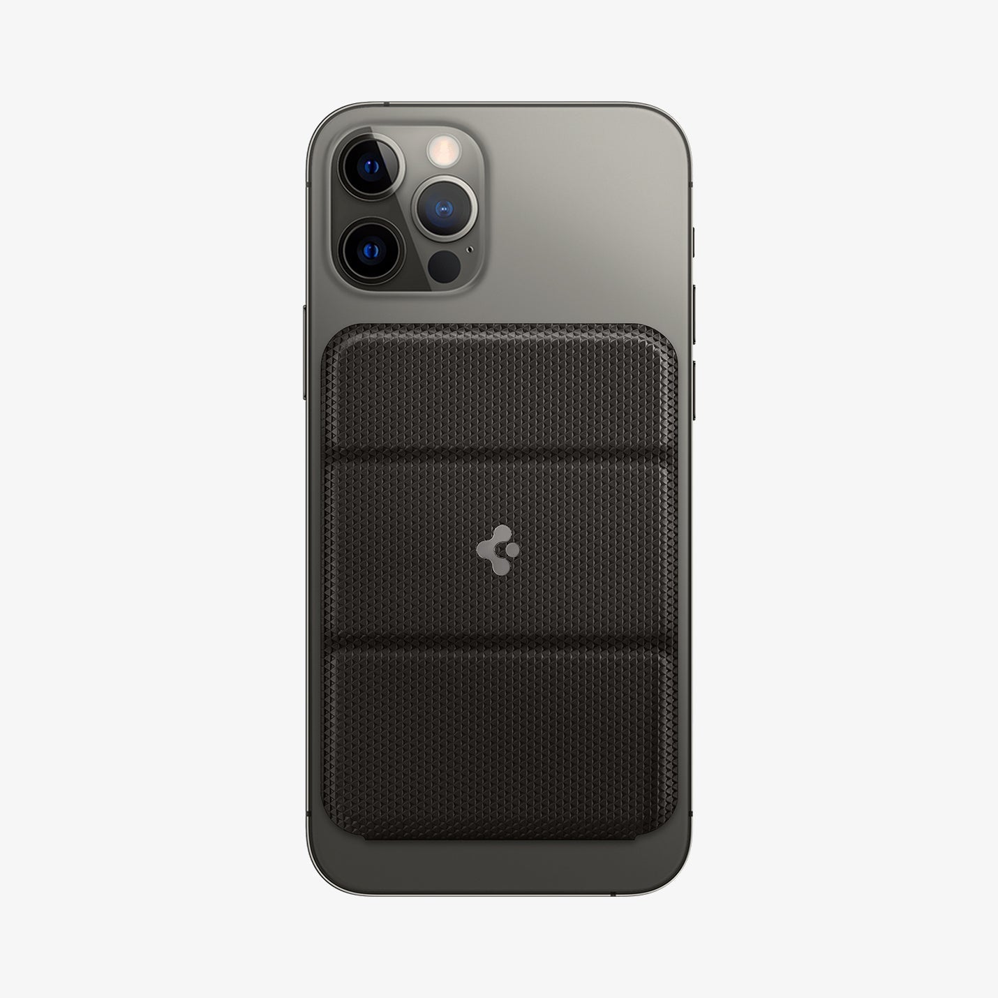 AMP02835 - Universal Card Holder Smart Fold in gunmetal showing the front attached to the back of a device