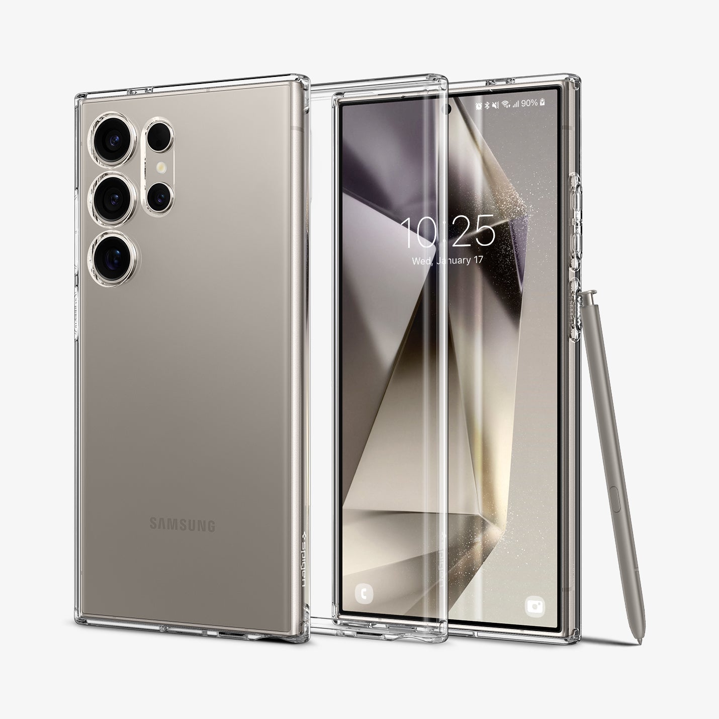 Galaxy S24 Ultra Case Liquid Crystal in Crystal Clear showing the back, in between, is a clear tpu back case and a device facing front with stylus pen leaning on the side of a device