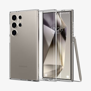 Galaxy S24 Ultra Case Liquid Crystal in Crystal Clear showing the back, in between, is a clear tpu back case and a device facing front with stylus pen leaning on the side of a device