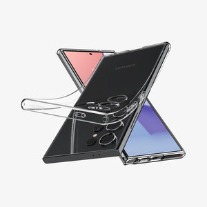 Galaxy S24 Ultra Case Liquid Crystal in Crystal Clear showing the back, partial sides with case partially peeled off from device, behind, a device showing partial front