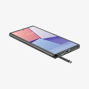 Galaxy S24 Ultra Case Liquid Crystal in Space Crystal showing the front of device, on a flat surface with stylus pen sticking out