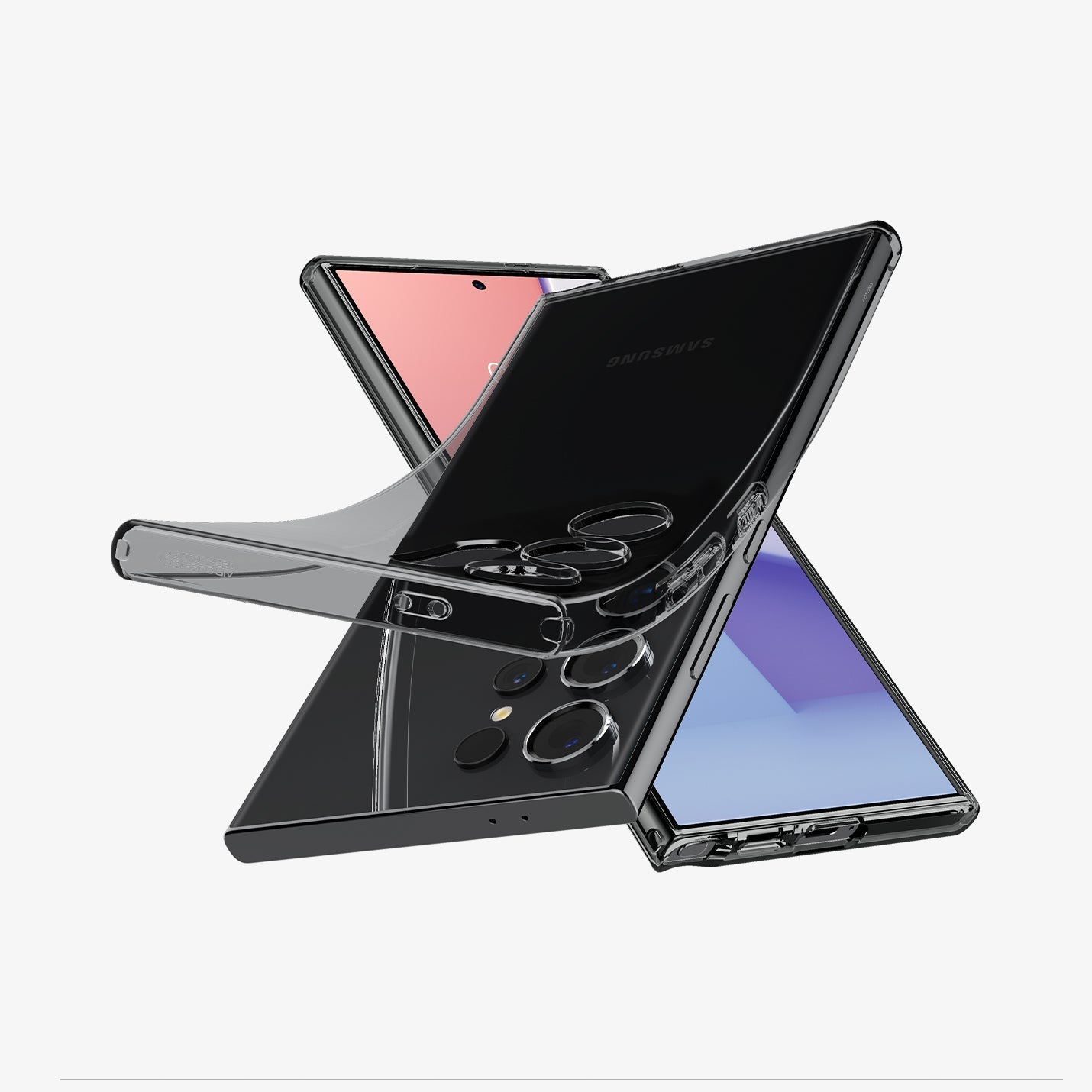 Galaxy S24 Ultra Case Liquid Crystal in Space Crystal showing the back, partial sides with case partially peeled off from device, behind, a device showing partial front