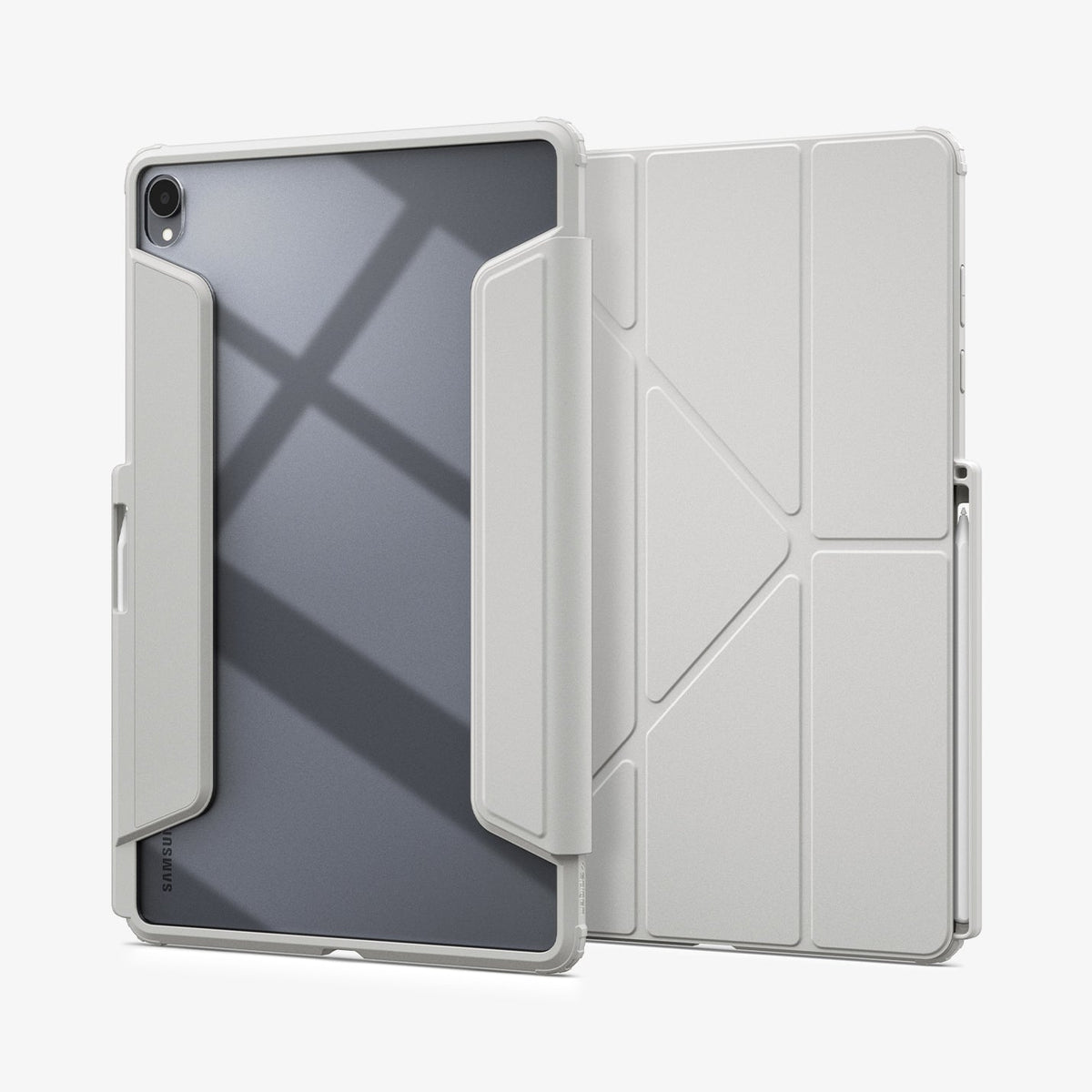 Galaxy Tab S12+ Air Skin Pro in Gray showing front and back views of a folio tablet case with a transparent back panel, geometric folding cover, and stylus storage.