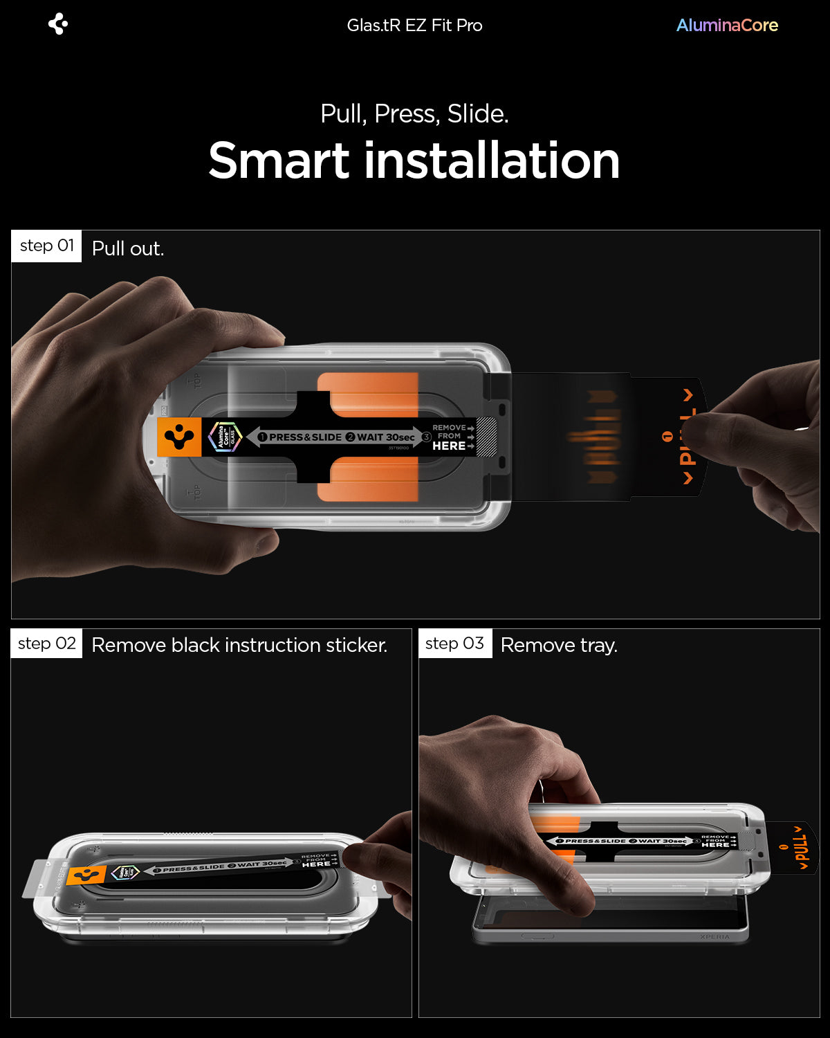 Xperia 10 EZ Fit Pro pull, press-slide and tray-removal installation steps