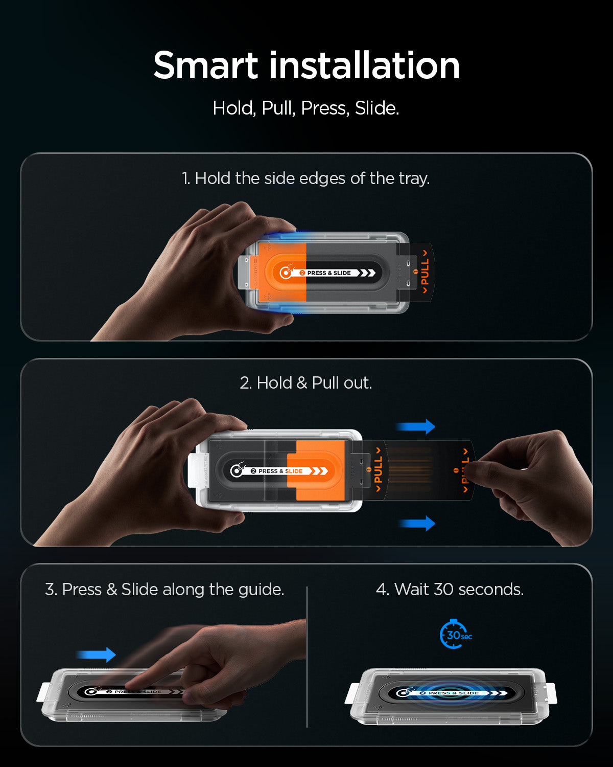 iPhone Pro Max EZ Fit Pro hold, pull, press-slide and wait installation steps