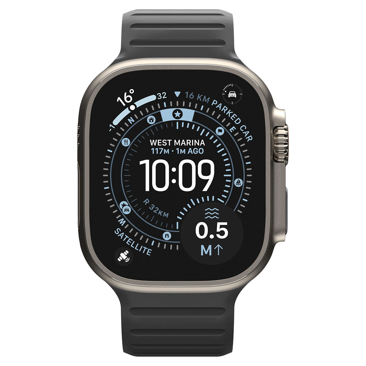 Front view of Active Black Orange Athlex Air M on Apple Watch Ultra