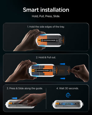 iPhone Pro EZ Fit Pro hold, pull, press-slide and wait installation steps