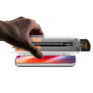 Pressing and sliding the iPhone Pro Max EZ Fit Pro alignment guide