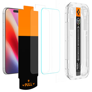 Exploded view of the iPhone Pro, clear glass protector and EZ Fit Pro installation parts