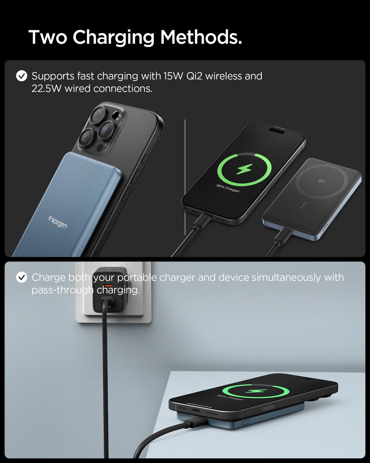 Teal Blue Spigen EA2205MQ supporting 15W Qi2 and 22.5W USB-C charging
