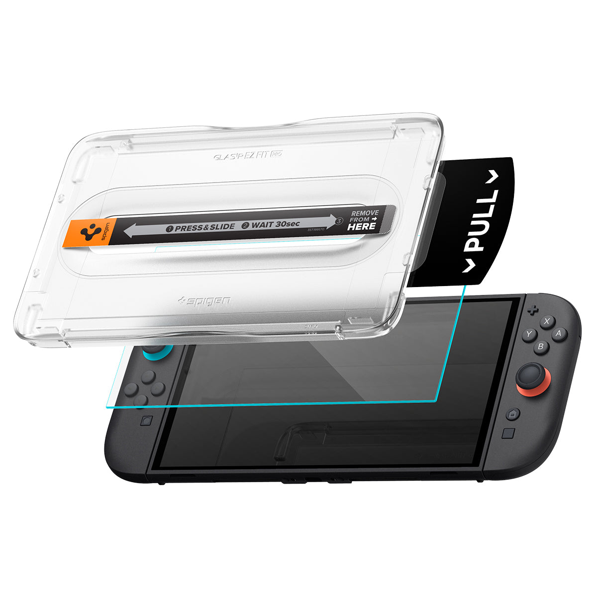 Nintendo Switch 2 clear glass protector aligned above the console in the EZ Fit Pro tray