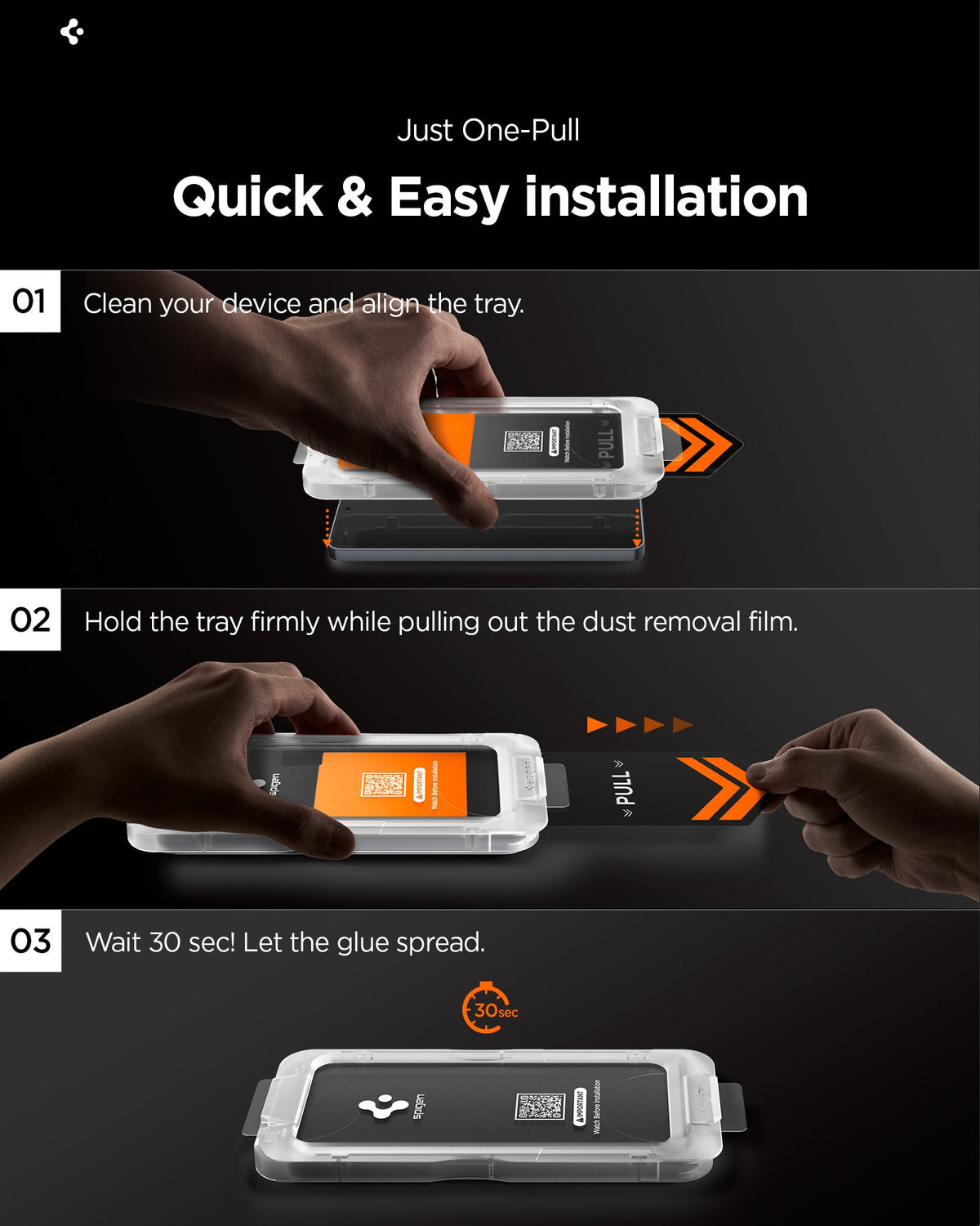 Spigen Galaxy S26 EZ Fit Pro HD Privacy – pull-tab installation steps