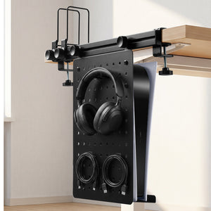 Vertical under-desk LD406 pegboard holding headphones and cables