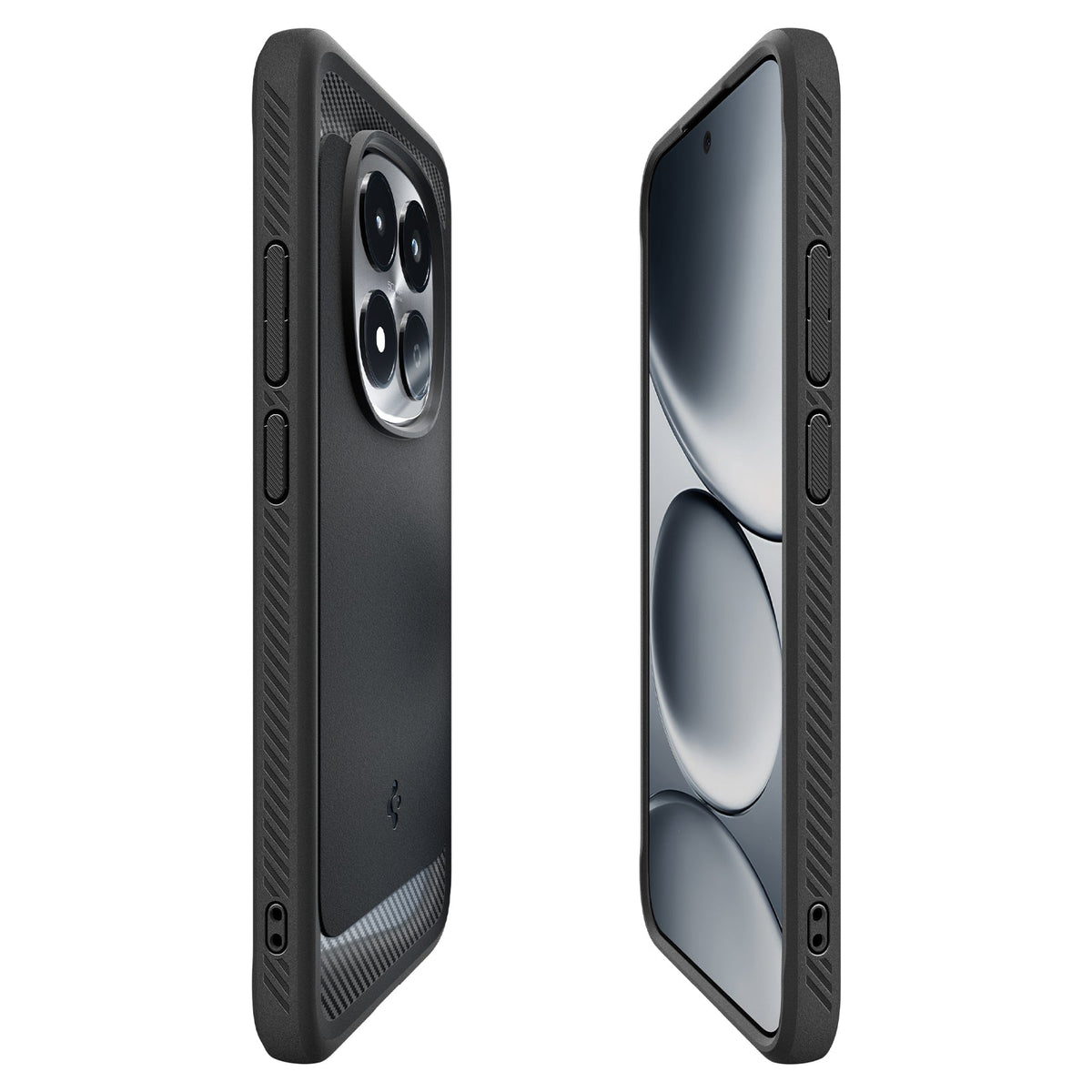 Angled front and back views of the Matte Black Rugged Armor case