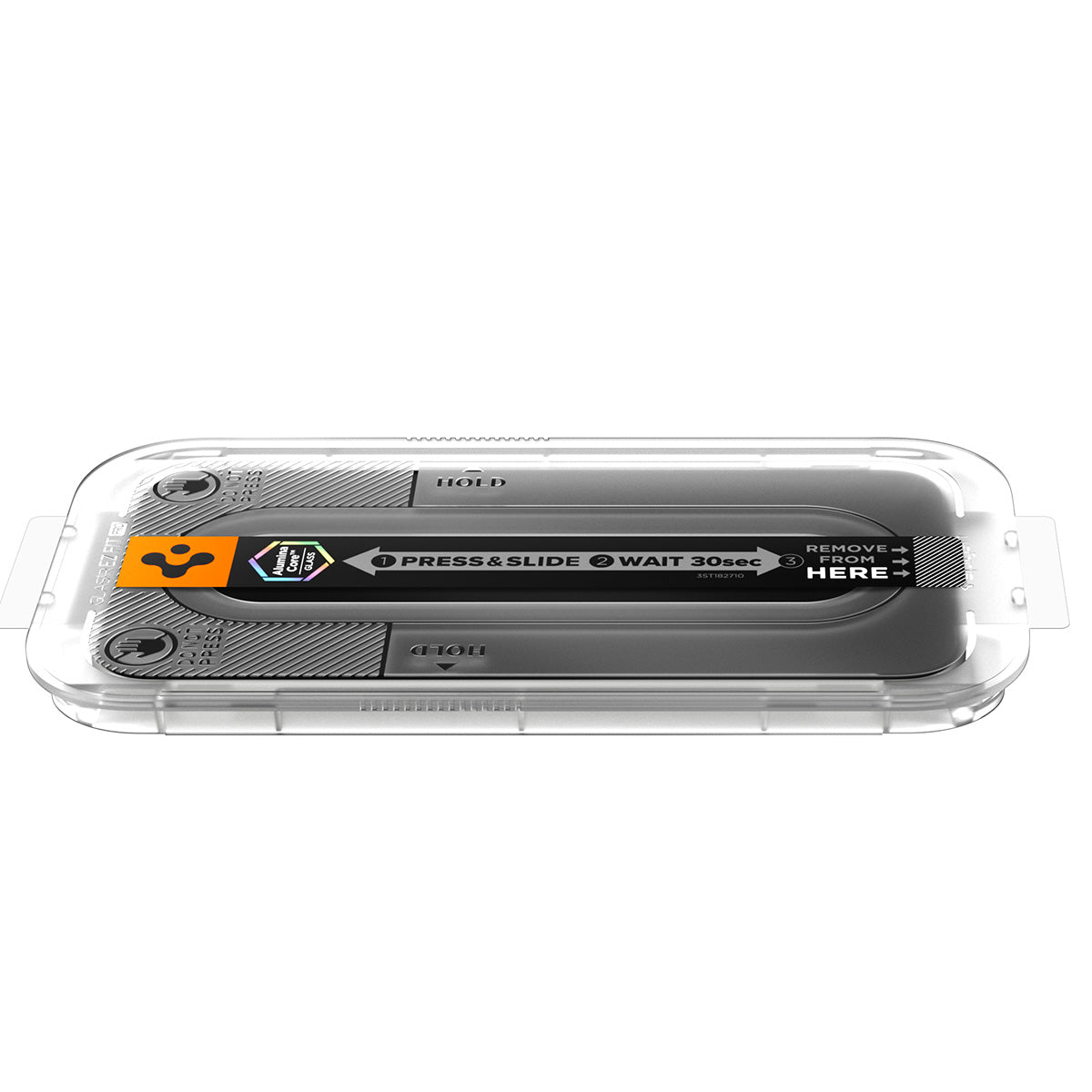 Top view of the iPhone Pro Max EZ Fit Pro tray with press-slide instruction strip