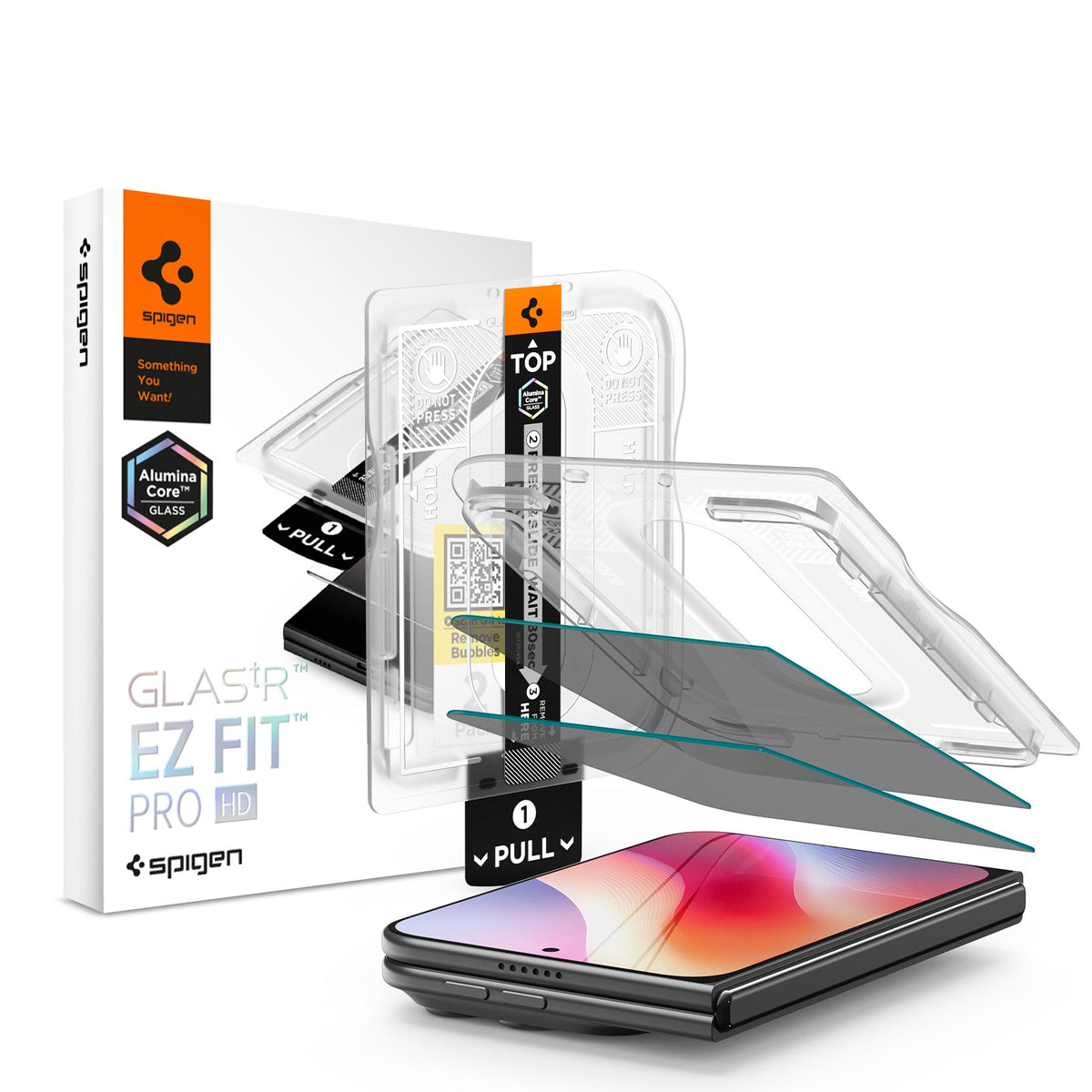 Spigen iPhone Duo Privacy Glas.tR EZ Fit Pro HD — Offline Version, 2 Pack, retail box and installation tray
