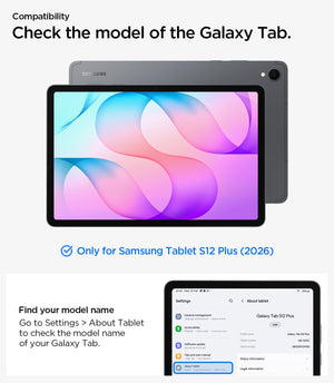 Galaxy Tab S12+ Tough Armor Pro showing Galaxy Tab S12 Plus (2026) compatibility and instructions for checking the tablet model in Settings.