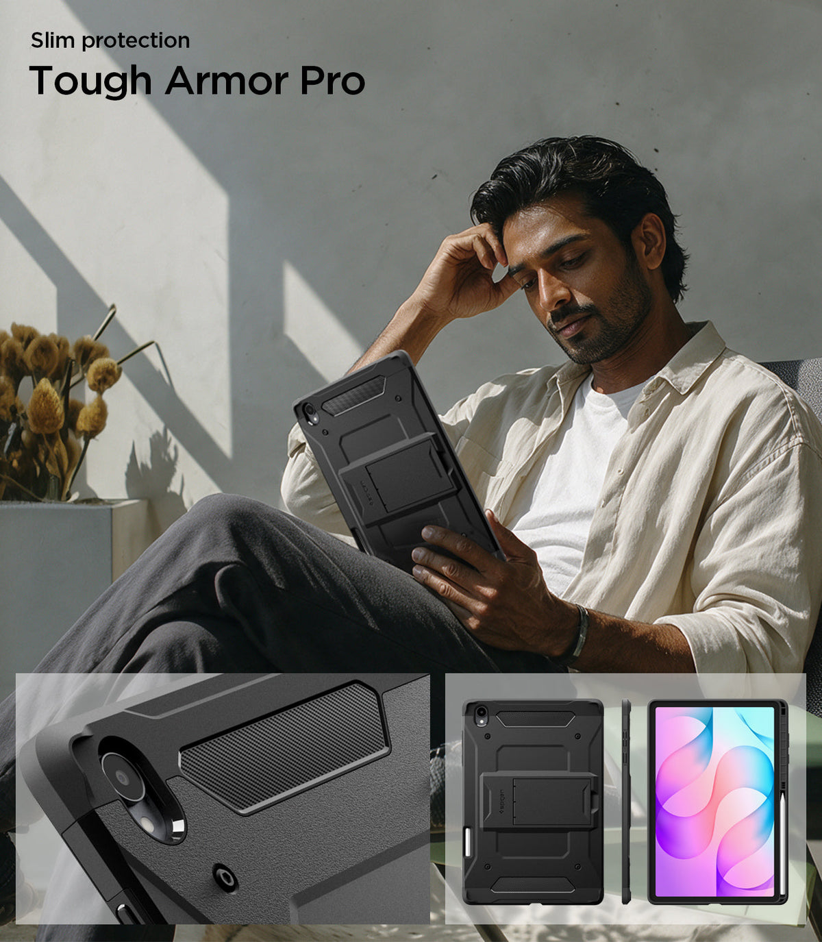 Galaxy Tab S12+ Tough Armor Pro showing Tough Armor Pro tablet case in use with close-up views of its rugged back design and slim profile.