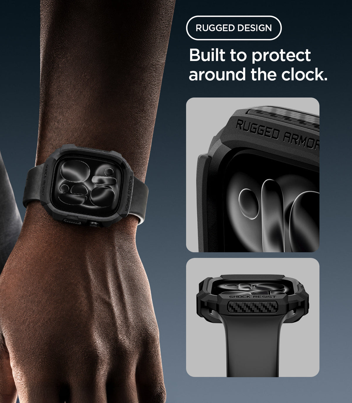 Apple Watch Series 12(42mm) Case Rugged Armor in Matte Black showing the rugged case design with reinforced edges and raised protection around the watch face