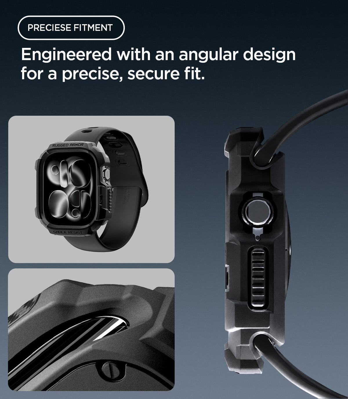 Apple Watch Series 12 (46mm) Case Rugged Armor in Matte Black showing the angular protective frame with precise fit around the crown and side controls