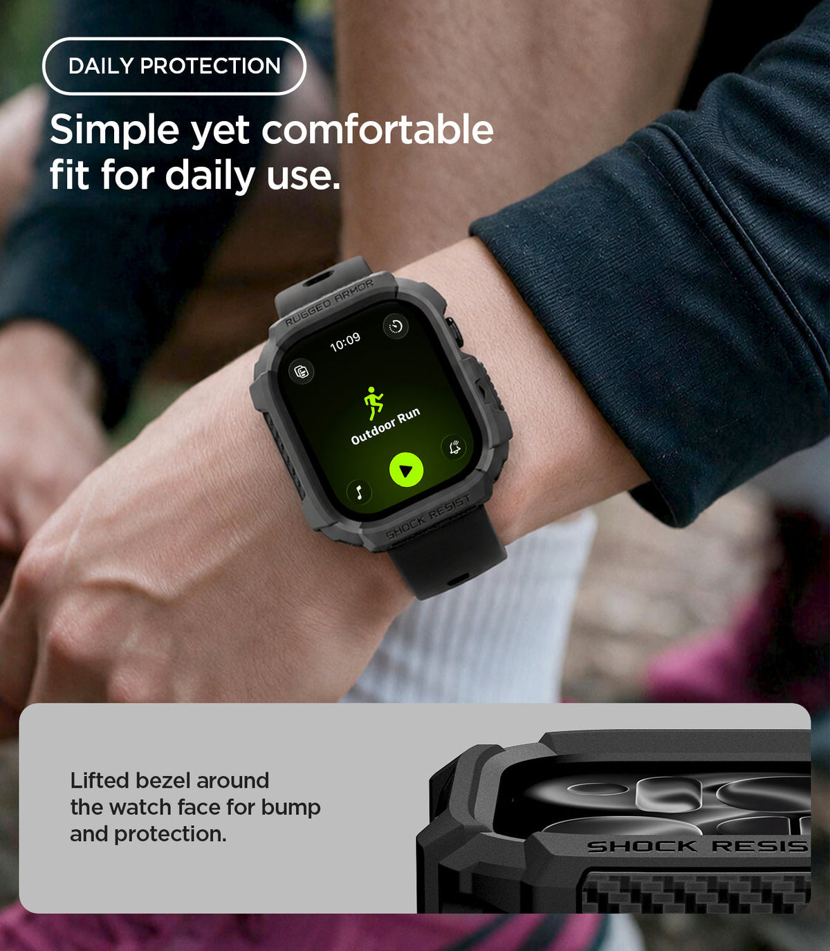 Apple Watch Series 12(42mm) Case Rugged Armor in Matte Black showing the rugged case worn during outdoor activity with a raised bezel for added screen protection