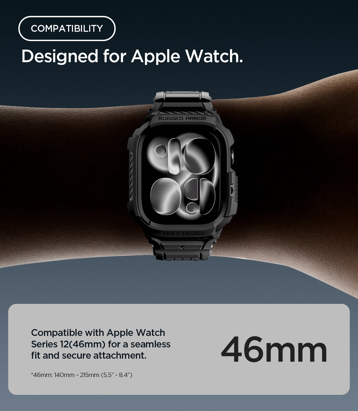 Apple Watch Series 12 (46mm) Case Rugged Armor Pro in Matte Black showing compatibility with the 46mm size for a seamless fit and secure attachment
